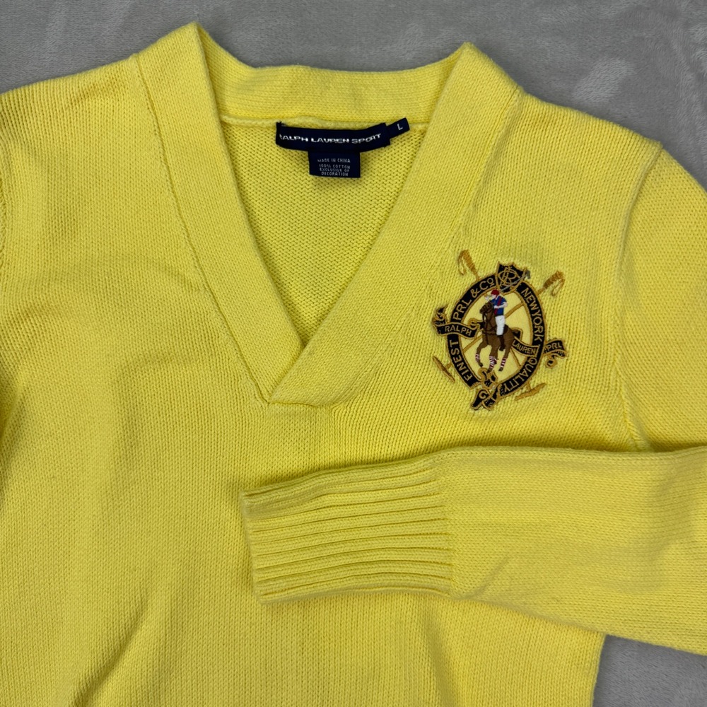 Ralph Lauren Sport Sweater Womens L Yellow Slim Crest Preppy V Neck Knit 2000s